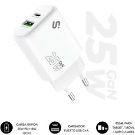 Subblim SUBCHG-6G2510 Cargador de Pared GaN 25W USB C+A, Doble Puerto Carga Rápida para Tablets y Móviles, Blanco