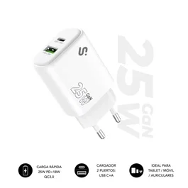 CARGADOR PARED/VIAJE USB-C + USB-A GaN 25W PD BLANCO SUBBLIM