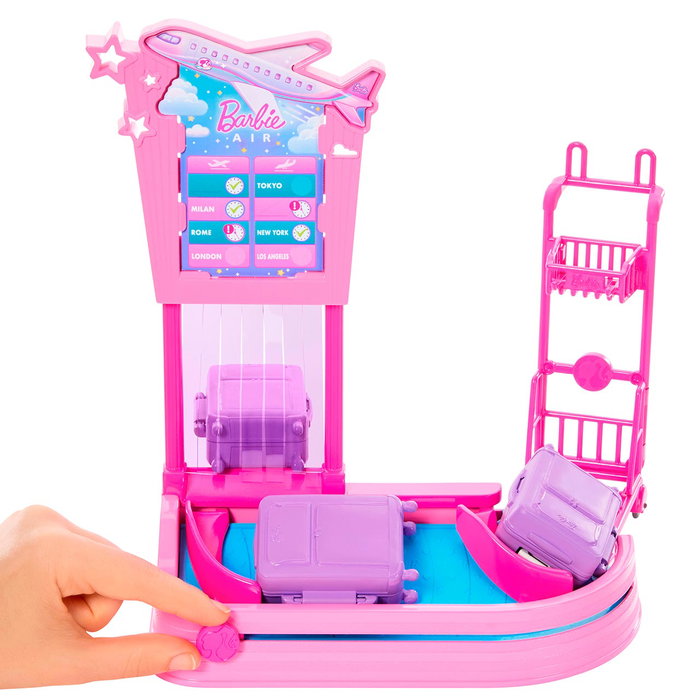 Barbie Set Malibu Retirada de Equipaje Jmj49 con Maleta, Carrito, Antifaz y Bolso - Muñeca de Viaje +3 Años
