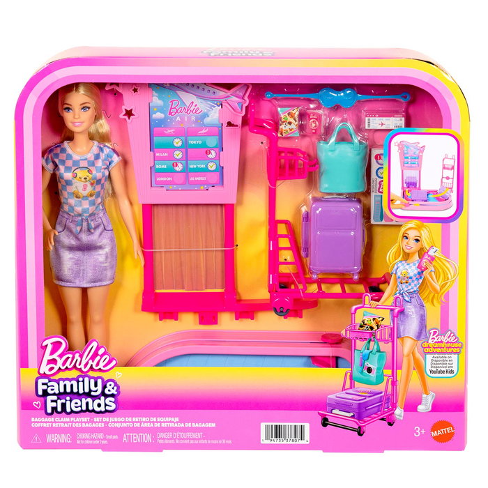 Barbie Set Malibu Retirada de Equipaje Jmj49 con Maleta, Carrito, Antifaz y Bolso - Muñeca de Viaje +3 Años