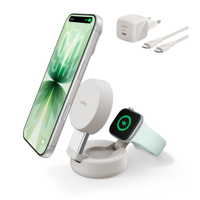 Belkin UltraCharge Qi2 25W Magnetic & Adjustable 2-in-1 Charging Station Sand WIZ043kqSD