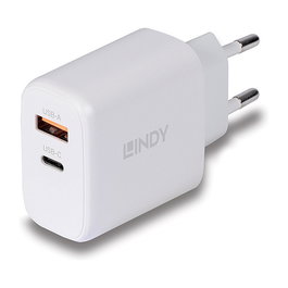 LINDY Cargador GaN 65W 73428 con USB Tipo C y USB-A Power Delivery 3.0, 2 Puertos, Blanco, 20 V, Compatible Universal