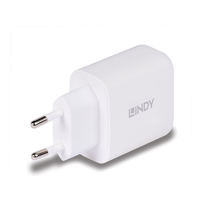 LINDY Cargador GaN 65W 73428 con USB Tipo C y USB-A Power Delivery 3.0, 2 Puertos, Blanco, 20 V, Compatible Universal