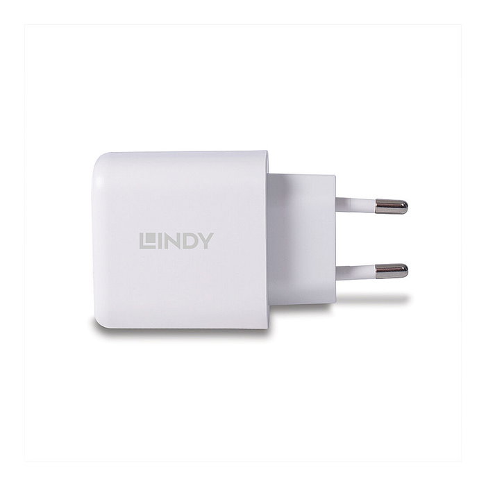 LINDY Cargador GaN 65W 73428 con USB Tipo C y USB-A Power Delivery 3.0, 2 Puertos, Blanco, 20 V, Compatible Universal