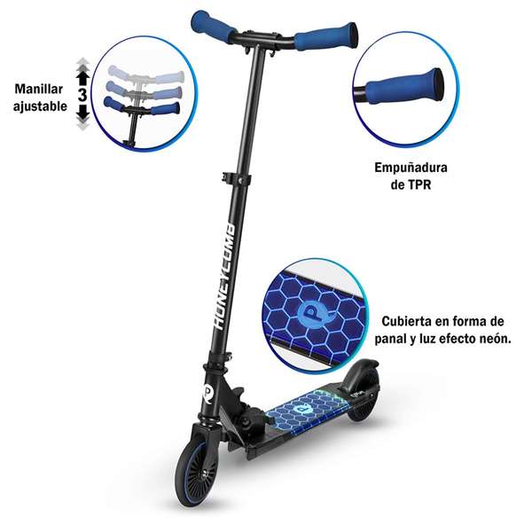 Ociotrends Patinete Scooter con Luces LED en Plataforma, Rueda, Azul