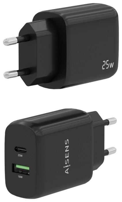 Aisens Cargador de Pared 25W con 1x USB-C PD3.0 y 1x USB-A QC3.0, Negro Aisens Cargador de Pared 25W con 1x USB-C PD3.0 y 1x USB-A QC3.0, Negro