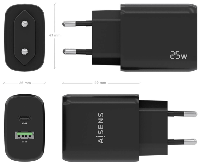 Aisens Cargador de Pared 25W con 1x USB-C PD3.0 y 1x USB-A QC3.0, Negro Aisens Cargador de Pared 25W con 1x USB-C PD3.0 y 1x USB-A QC3.0, Negro