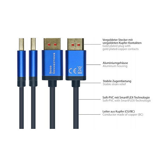 GoodConnections Kabel SmartFLEX DP1.4 DisplayPort 1.4 a DisplayPort 1.4, Macho a Macho, Azul, 5 m, Alcasa 4814-SF050B, 8K 7680 x 4320 a 240 Hz GoodConnections Kabel SmartFLEX DP1.4 DisplayPort 1.4 a DisplayPort 1.4, Macho a Macho, Azul, 5 m, Alcasa 4814-SF050B, 8K 7680 x 4320 a 240 Hz
