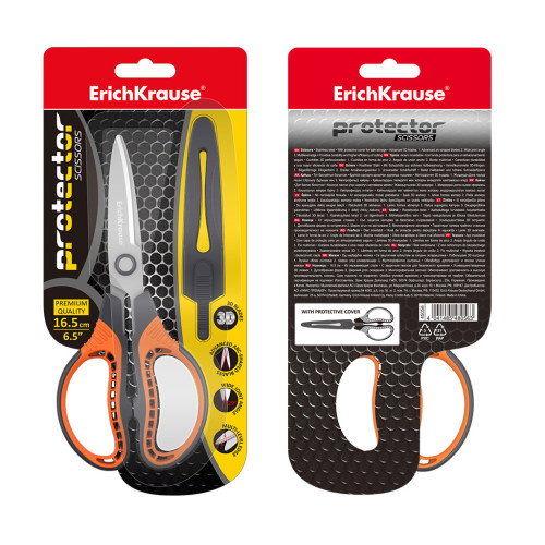 Erich Krause Tijeras Protector 16.5 cm 48056 con Cuchillas 3D para Cortar Documentos con Mango Ergonómico Antideslizante Negro Naranja