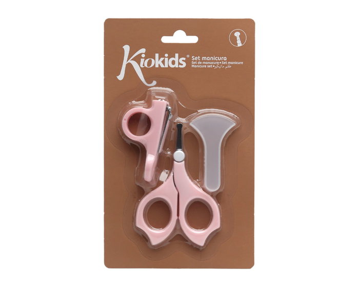 KioKids Set Manicura Bebé Rosa con Tijeras de Punta Redondeada y Cortaúñas +0 Meses