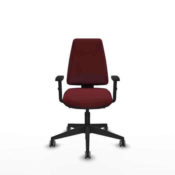 Silla de oficina Elche con mecanismo Asincro tapizada con Similpiel color Granate. Equipada con Base piramidal negra, Brazos 1D y Ruedas 65 mm parqué