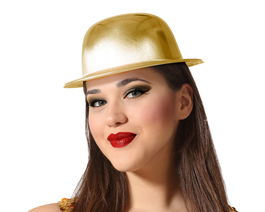 Bombín Rígido Dorado Metálico para Disfraces de Artista, Shows y Fiestas de Lujo