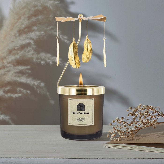 Home Deco Factory Vela Perfumada Carrusel, Colección Lounge, Aroma Wood and Ginger Spa, Color Negro y Dorado, 25h Duración, Ø7x8 cm