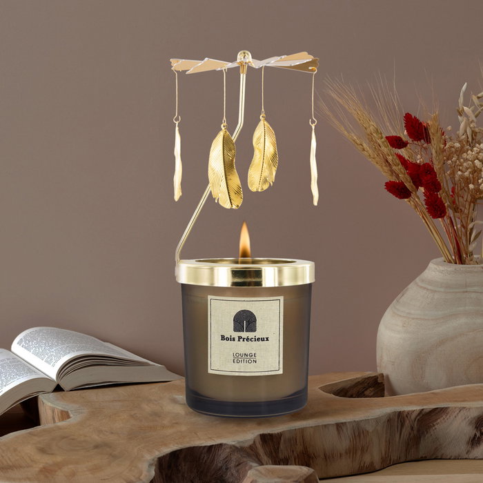 Home Deco Factory Vela Perfumada Carrusel, Colección Lounge, Aroma Wood and Ginger Spa, Color Negro y Dorado, 25h Duración, Ø7x8 cm