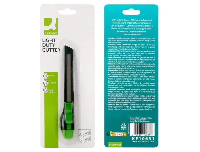 Q-connect Cuter Estrecho Plástico con Asa y Cuchilla 9mm, Retráctil e Intercambiable, XD-07, Blíster 1 Unidad