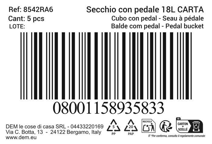 Inde Cubo con Pedal 18L Ecoponto para Papel/Carton con Dimensiones 30 x 23 x 36 cm (5 Unidades)