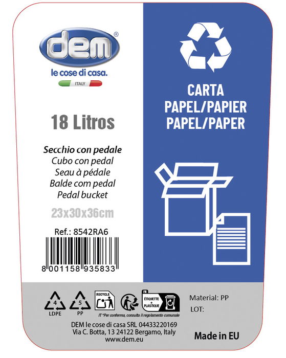 Inde Cubo con Pedal 18L Ecoponto para Papel/Carton con Dimensiones 30 x 23 x 36 cm (5 Unidades)