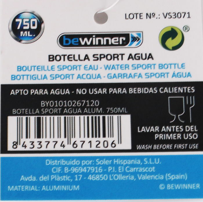 Bewinner Botella Sport de Aluminio 750 ml con Dimensiones 7 x 25 cm - Ideal para Deporte (12 Unidades)