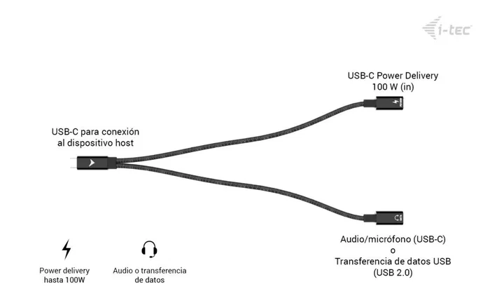 Cable i-tec usb-c splitter audio data 1x usb-c pd input 100w 1x usb-c 2.0 for audio mic or data 480mbps power delivery 100w Cable i-tec usb-c splitter audio data 1x usb-c pd input 100w 1x usb-c 2.0 for audio mic or data 480mbps power delivery 100w