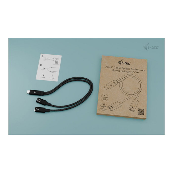 i-tec Cable USB-C Splitter Audio y Datos 1x USB-C PD 100W 1x USB-C 2.0 para Micrófono o Datos 480Mbps Carga Rápida 100W