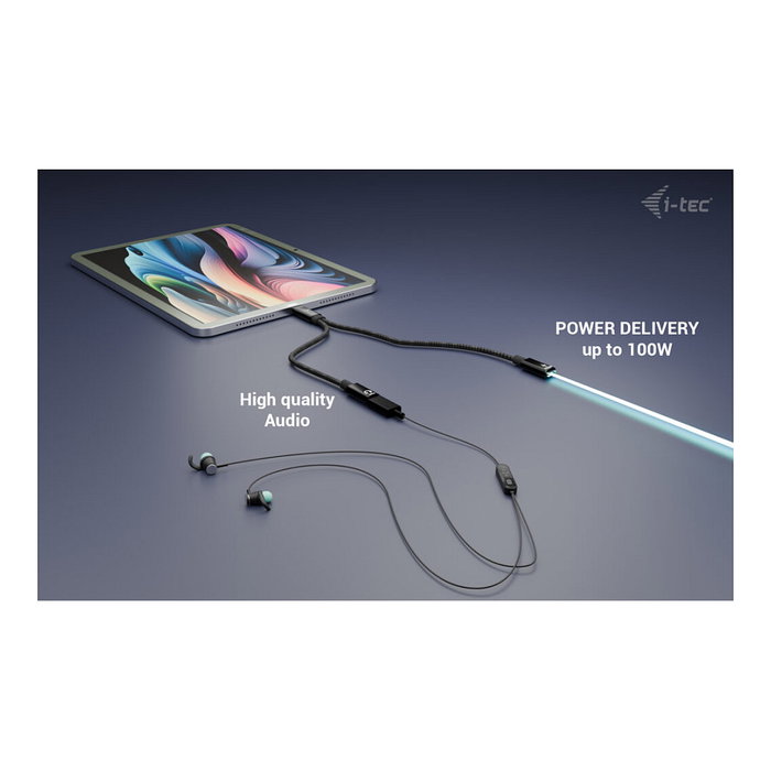 i-tec Cable USB-C Splitter Audio y Datos 1x USB-C PD 100W 1x USB-C 2.0 para Micrófono o Datos 480Mbps Carga Rápida 100W