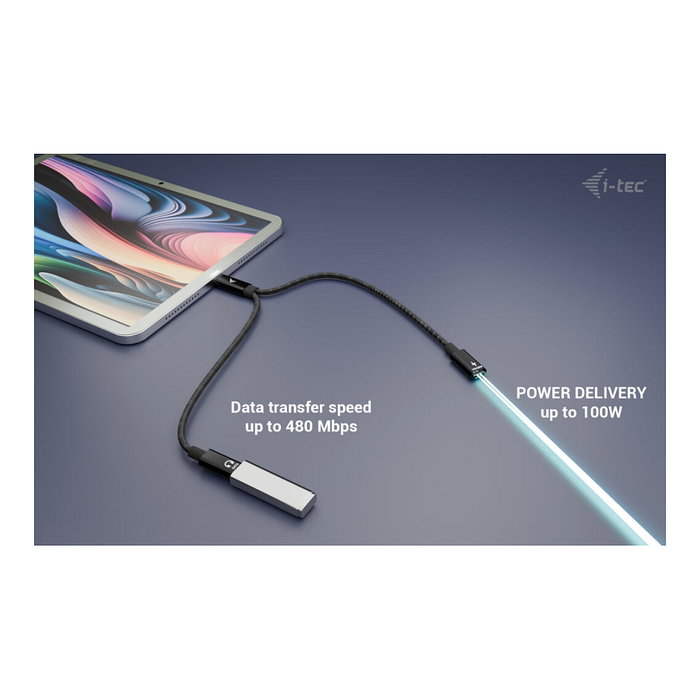i-tec Cable USB-C Splitter Audio y Datos 1x USB-C PD 100W 1x USB-C 2.0 para Micrófono o Datos 480Mbps Carga Rápida 100W