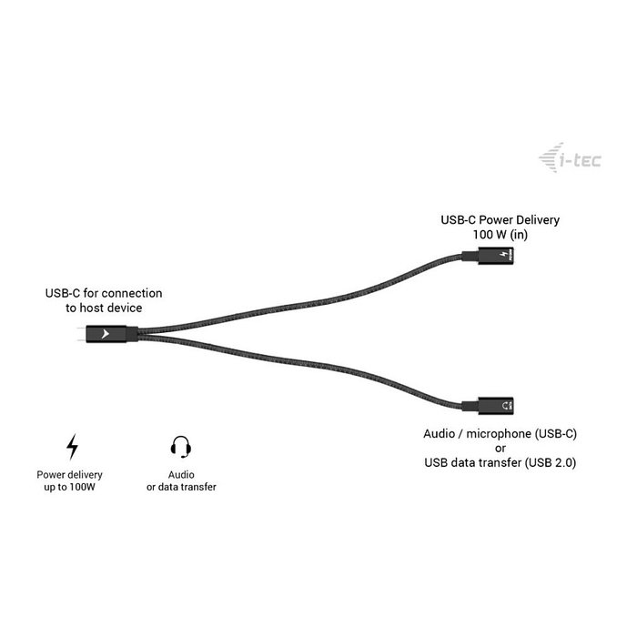 i-tec Cable USB-C Splitter Audio y Datos 1x USB-C PD 100W 1x USB-C 2.0 para Micrófono o Datos 480Mbps Carga Rápida 100W