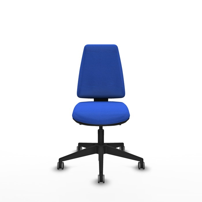 Silla de oficina Elche con mecanismo Asincro tapizada con Tela color Azul. Equipada con Base piramidal negra, Sin brazos y Ruedas 65 mm parqué