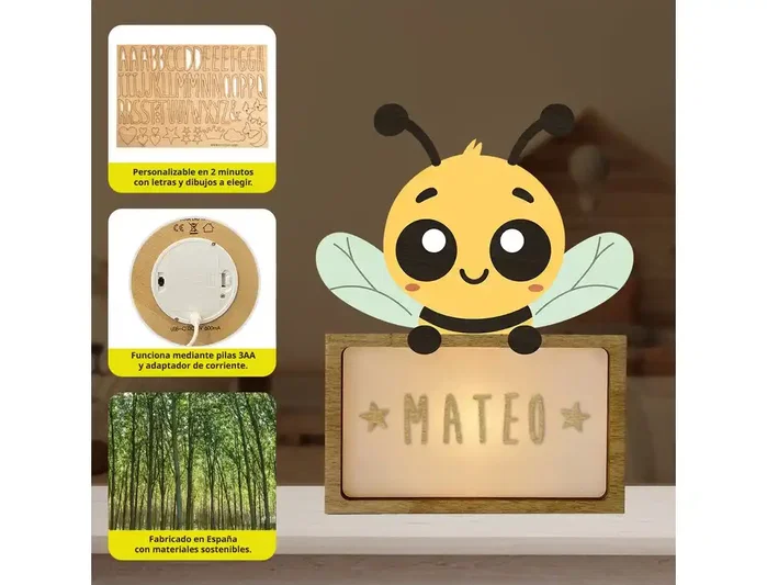 Wondee Little Bee Lámpara Infantil de Noche Personalizable con Nombre en Madera Sostenible