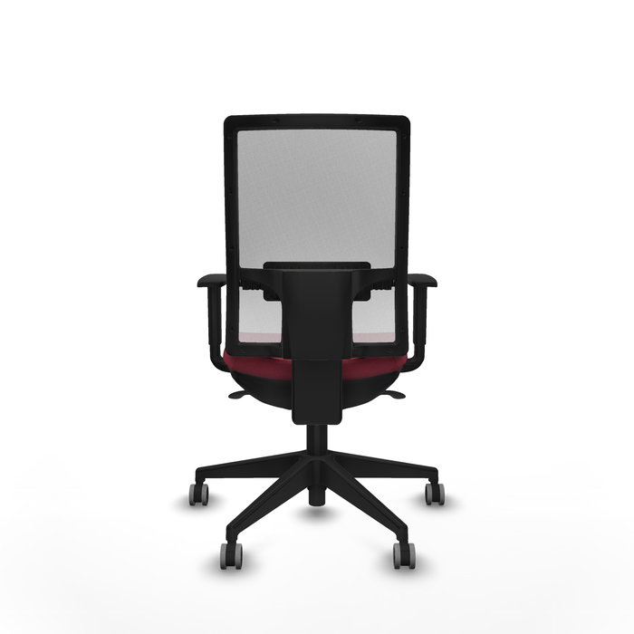 Silla de oficina Horna con mecanismo Sincro tapizada con Tela color Granate y malla color Blanco. Equipada con lumbar 1D, Brazos 1D y Ruedas 65 mm parqué