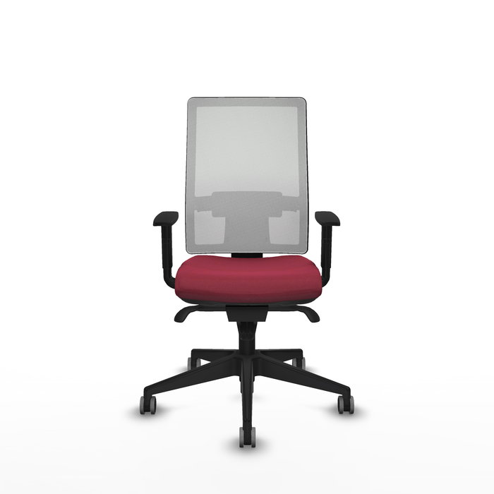 Silla de oficina Horna con mecanismo Sincro tapizada con Tela color Granate y malla color Blanco. Equipada con lumbar 1D, Brazos 1D y Ruedas 65 mm parqué