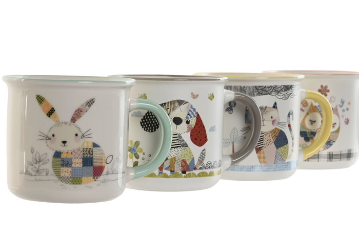 DKD Home Decor Tazas de Porcelana Animales 360ml Multicolor Surtido de 12 unidades