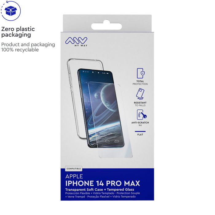 Myway Pack Funda TPU Transparente y Protector Pantalla Vidrio Templado 9H para Apple iPhone 14 Pro Max - Compatible, Antirreflejo y Oleofóbico