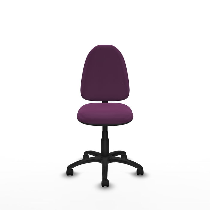 Silla de oficina Aýna con mecanismo Contacto permanente básico tapizada con Similpiel color Morado. Equipada con Base poliamida negra, Sin brazos y Ruedas de nailon 50 mm