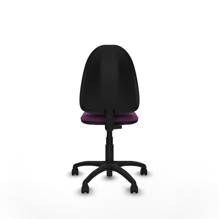 Silla de oficina Aýna con mecanismo Contacto permanente básico tapizada con Similpiel color Morado. Equipada con Base poliamida negra, Sin brazos y Ruedas de nailon 50 mm