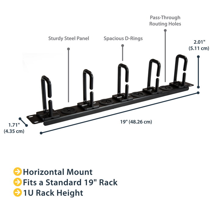 StarTech Panel Horizontal de Gestión de Cables 1U con Anillos en D, Compatible con Armarios Rack (EIA/ECA-310-E)