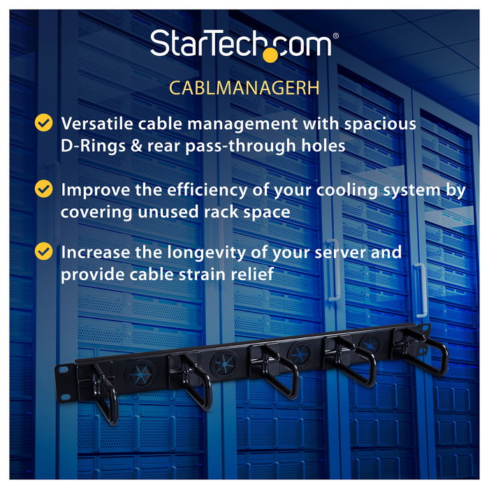 StarTech Panel Horizontal de Gestión de Cables 1U con Anillos en D, Compatible con Armarios Rack (EIA/ECA-310-E)