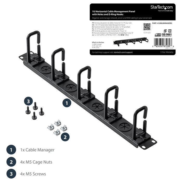StarTech Panel Horizontal de Gestión de Cables 1U con Anillos en D, Compatible con Armarios Rack (EIA/ECA-310-E)