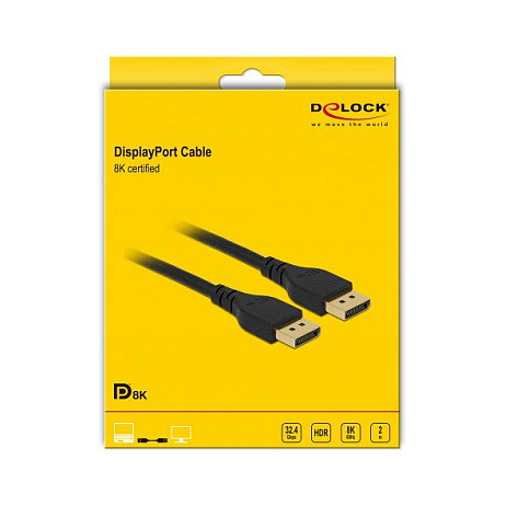DeLOCK Cable DisplayPort 8K 60Hz 2m DP 1.4, Certificado 8K 7680x4320, 32.4 Gbit/s, Conectores Macho, Negro