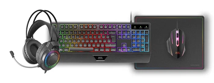 Mars Gaming MCP124PRO Combo Gaming 4en1 con Teclado H-Mech RGB QWERTY Portugués, Ratón 3200 DPI, Auriculares y Alfombrilla - Negro