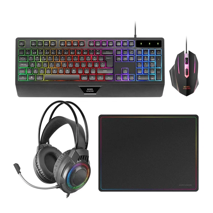 Mars Gaming MCP124PRO Combo Gaming 4en1 con Teclado H-Mech RGB QWERTY Portugués, Ratón 3200 DPI, Auriculares y Alfombrilla - Negro