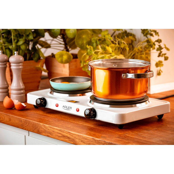 Adler Cocina Eléctrica 2 Fuegos 2500W Blanca 46 x 26,5 x 7 cm con 5 Niveles de Calor Placas ø185, ø155 mm Carcasa Acero Potente Eficiente
