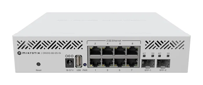 Mikrotik CRS310-8G+2S+IN - L3 Smart Switch Gestionado 8x 2.5G Ethernet + 2x SFP+, Rack 1U Blanco con Fuente CC Incluida