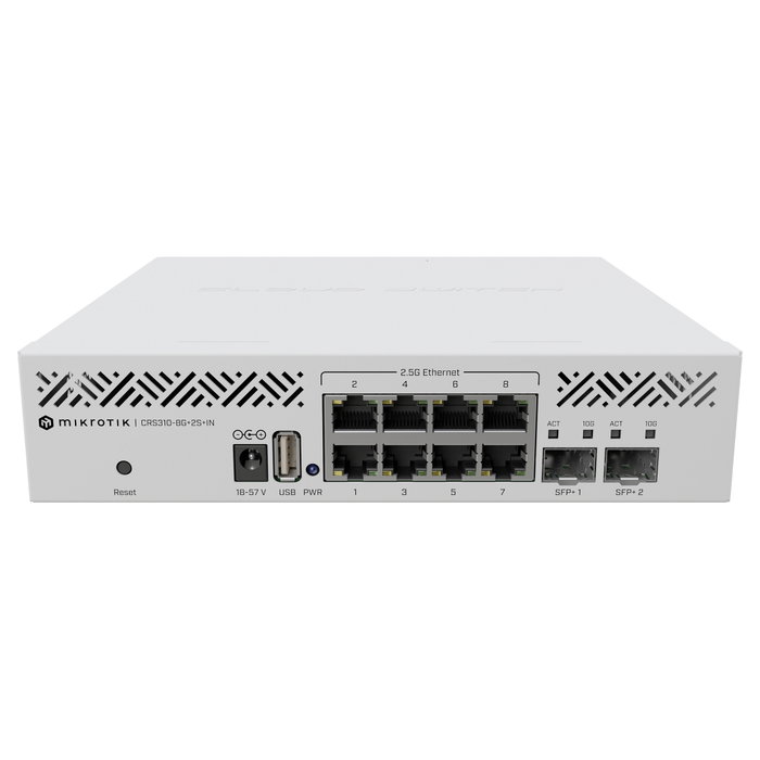 MikroTik CRS310-8G+2S+IN M RM: Switch Gestionado L3 con 8 Puertos RJ-45 2.5G y 2 Ranuras SFP+, Montaje en Rack 1U, RouterOS, Procesador 800 MHz, IP20