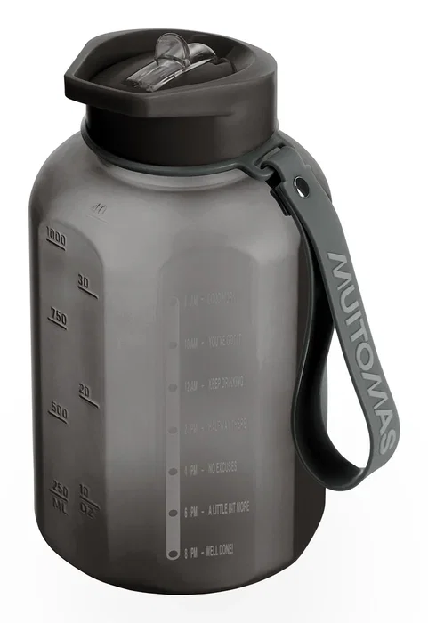 Muitomas WBOTTLE1200BK Botella Deportiva de Agua 1200 ml, Negro, Diseño Ergonómico, A Prueba de Fugas, Con Frases Motivadoras