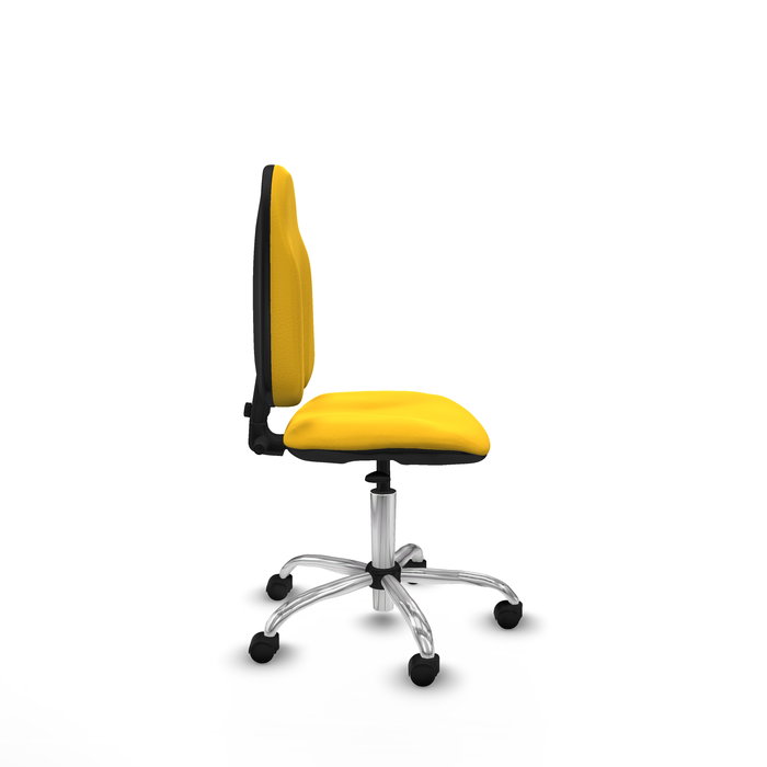 Silla de oficina Algarra con mecanismo Contacto permanente básico tapizada con Similpiel color Amarillo. Equipada con Base cromada, Sin brazos y Ruedas de nailon 50 mm