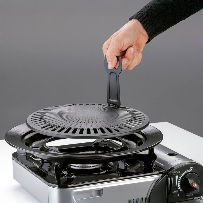 Kemper Plancha antiadherente de camping para cocina portátil, Ø 31 x 4 cm con recoge grasas y gancho