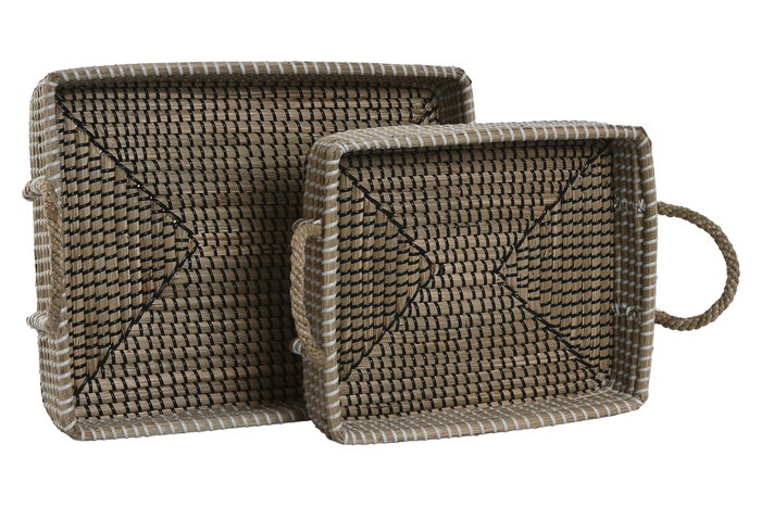 DKD Home Decor Set de 2 Bandejas Decorativas de Seagrass y PU