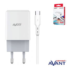AVANT CONNECT Cargador USB 2 Puertos 2.4A con Cable Tipo C, Carga Rápida para Dispositivos Móviles