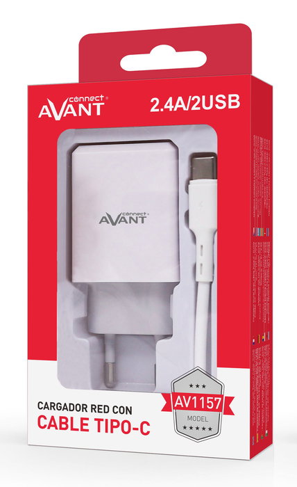 AVANT CONNECT Cargador USB 2 Puertos 2.4A con Cable Tipo C, Carga Rápida para Dispositivos Móviles